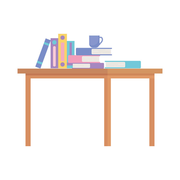 рабочий стол офис со многими книгами и чашки кофе изолированный дизайн белый фон - Вектор,изображение