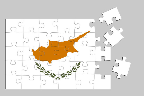 Ένα παζλ με ένα αποτύπωμα της σημαίας της Κύπρου, μερικά κομμάτια του παζλ είναι διάσπαρτα ή αποσυνδεδεμένα. Απομονωμένο υπόβαθρο. 3D εικονογράφηση. - Φωτογραφία, εικόνα