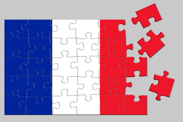 Un puzzle con una stampa della bandiera della Francia, alcuni pezzi del puzzle sono sparsi o scollegati. Sfondo isolato. Illustrazione 3d. - Foto, immagini