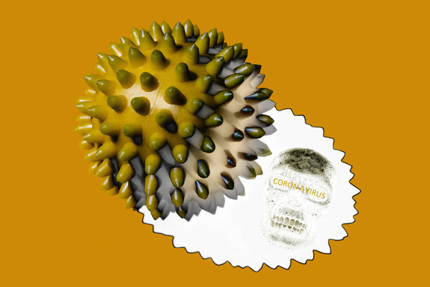 Abstract beeld van het coronavirus. Een abrikozenbruine bal met spikes en de witte schaduw met het silhouet van een schedel en waarschuwingstekst bevinden zich op een abrikozenachtergrond. - Foto, afbeelding