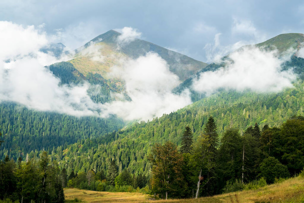 Mountain landscape with cloudy sky, krasnaya polyana, sochi, russia. - Zdjęcie, obraz
