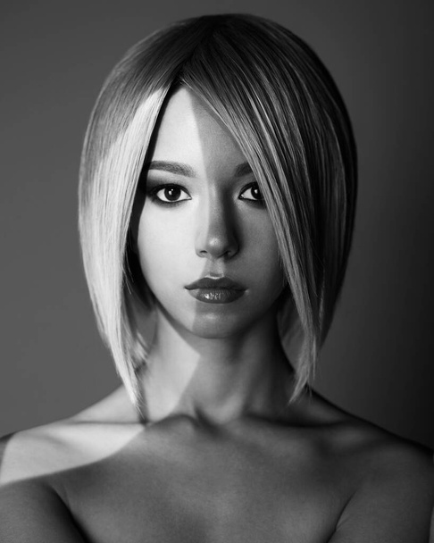 Fashion studio portrait of lovely asian woman with blonde short hair. Fashionable haircut. Black and white photography - Zdjęcie, obraz