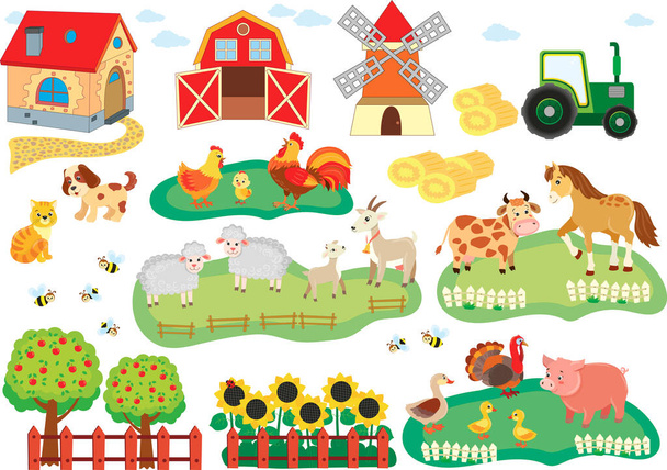 collection of animals and buildings on the farm. pig, horse, cow, rooster, turkey, chicken, duck, duck, cat, dog, house, mill, barn, tractor. vector illustration in cartoon style - Vector, Image