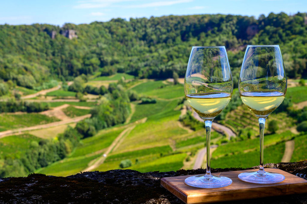 Degustación al aire libre de vino blanco o jaune Jura en viñedos cerca del pueblo de Chateau-Chalon en la región de Jura, Francia - Foto, imagen
