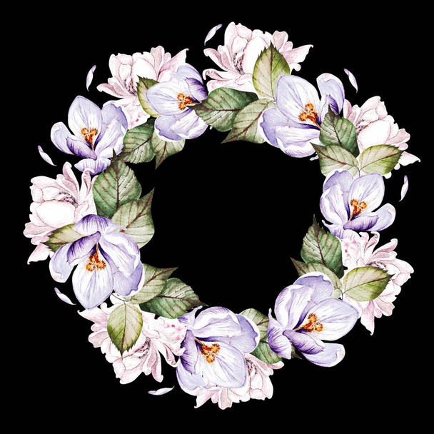 Watercolor wreath with rose and crocus flowers.  - Photo, Image