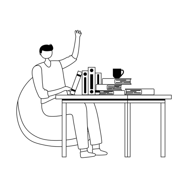 homem sentado trabalhando com livros na mesa design isolado estilo linha de fundo branco - Vetor, Imagem