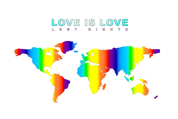 Illustration of world map in LGBT colors with inscriptions LOVE IS LOVE - LGBT RIGHTS isolated on white background - Photo, Image