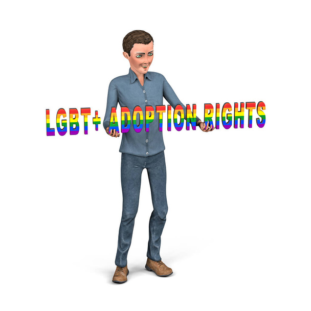 Stojący mężczyzna trzyma w ręku napis 3D LGTB + ADOPTION RIGHTS - Ilustracja 3D - Zdjęcie, obraz