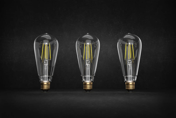 Концепция трех лампочек, размещенных на черном фоне в стиле ретро с пространством для текста - 3d иллюстрация - Фото, изображение