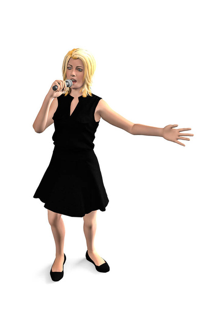 Giovane donna bionda in abito nero si erge e canta in un microfono isolato su sfondo bianco - Illustrazione 3D - Foto, immagini
