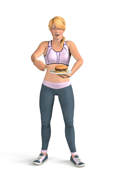 Une jeune fille blonde en tenue de fitness se tient debout avec une assiette d'un hamburger - l'autre main pointant vers l'assiette - isolée sur fond blanc - illustration 3D - Photo, image