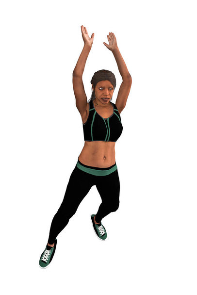 A black woman in a fitness outfit is jumping down - isolated on white background - 3d illustration - Zdjęcie, obraz