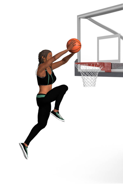 Donna nera che gioca a basket - salta su e lancia la palla nel cestino - isolato su sfondo bianco - illustrazione 3d - Foto, immagini