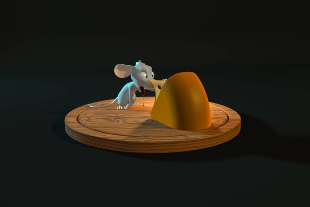 Une souris de conte de fées sur une assiette en bois avec du fromage sur un fond dégradé vert graphite foncé illustration 3d - Photo, image