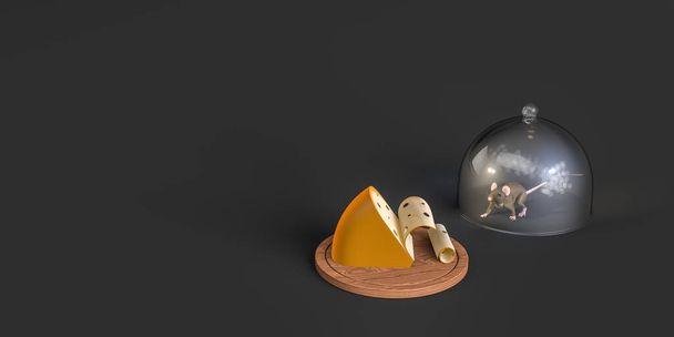 Um mouse coberto com um prato de vidro está olhando para um prato de queijo de madeira - banner com espaço para texto - isolado em fundo gradiente cinza - ilustração 3d - Foto, Imagem