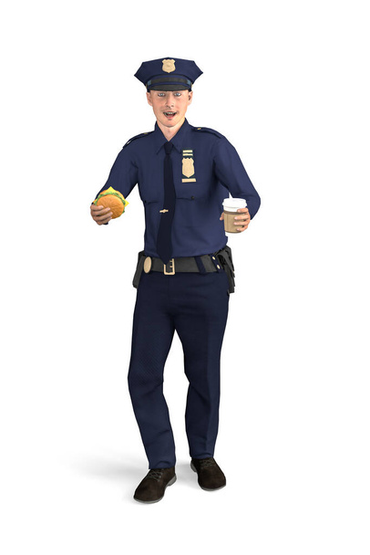 Ein lächelnder Polizist steht mit einem Hamburger und Kaffee in der Hand und blickt direkt in die Kamera - isoliert auf weißem Hintergrund - 3D-Illustration - Foto, Bild