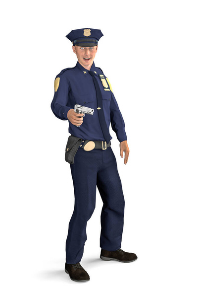 Un policier souriant pose avec une arme à la main - isolé sur fond blanc - illustration 3D - Photo, image