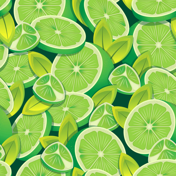 Citrus green lemon fruits halved and sliced pattern. Vector seamless pattern design for textile, fashion, paper, packaging and branding. - Vektör, Görsel