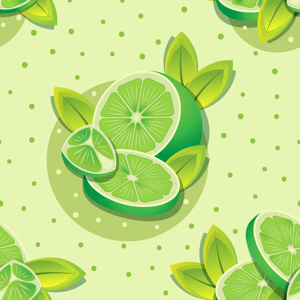 Lindos limones en rodajas y hojas en patrón de puntos verdes. Diseño de patrones sin costura vectorial para textiles, moda, papel, embalaje y marca. - Vector, Imagen