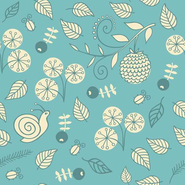 Seamless pattern with flowers, berries and snails. - Vektori, kuva