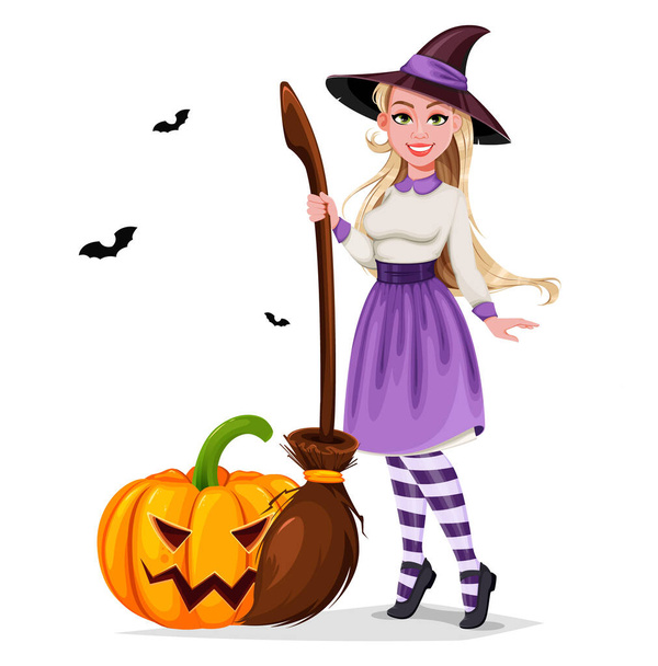 Feliz Halloween. Hermoso personaje de dibujos animados bruja sosteniendo escoba y de pie cerca de la calabaza. Ilustración vectorial sobre fondo blanco - Vector, imagen