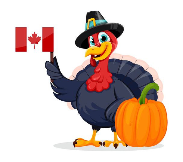 Šťastný Den díkůvzdání. Vtipné Díkůvzdání Turecko pták kreslený postava stojící poblíž dýně a drží kanadskou vlajku. Vektorová ilustrace na bílém pozadí - Vektor, obrázek