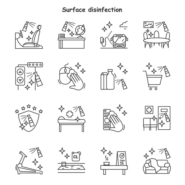 Surface disinfection line icons set. Sanitizing at home, office and more. Isolated vector illustrations. - Vector, Image