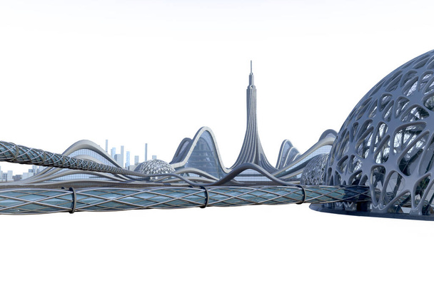 Ilustração 3D de uma cidade de ficção científica com arquitetura futurista, estruturas de cúpula orgânica conectadas por passarelas tubulares. O caminho de isolamento está incluído no arquivo. - Foto, Imagem