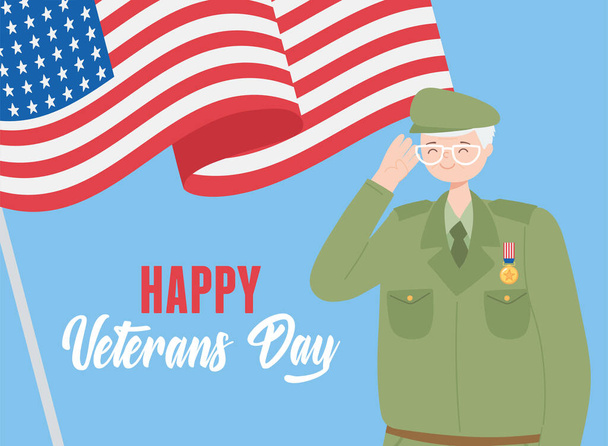 felice giorno dei veterani, soldato delle forze armate statunitensi personaggio e sventolando bandiera americana - Vettoriali, immagini