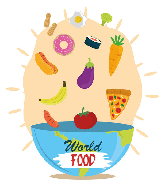 world food day, falling vegetable fruit diet in bowl, healthy lifestyle meal - Vector, Image