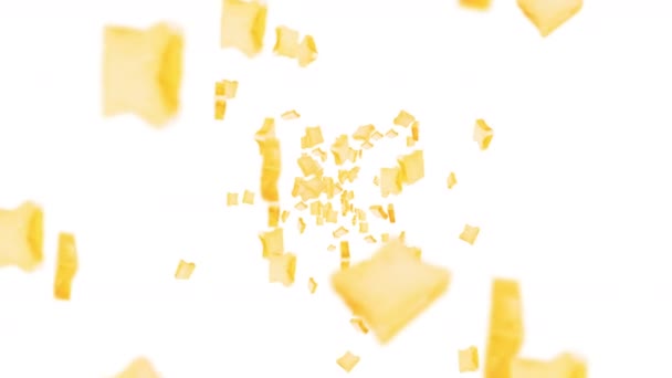 Fliegen viele einfache Brotscheiben auf weißem Hintergrund. Lebensmittel, Lebensmittel und Ernährungskonzept. 3D-Animation von rotierenden Weizenbrotscheiben. Schleifenanimation. - Filmmaterial, Video
