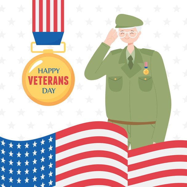 happy veterans day, US military armed forces soldier medal and american flag - Vector, Image