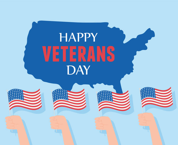 Щасливі ветерани день, руки з американськими прапорами та мапою, солдати збройних сил США. - Вектор, зображення