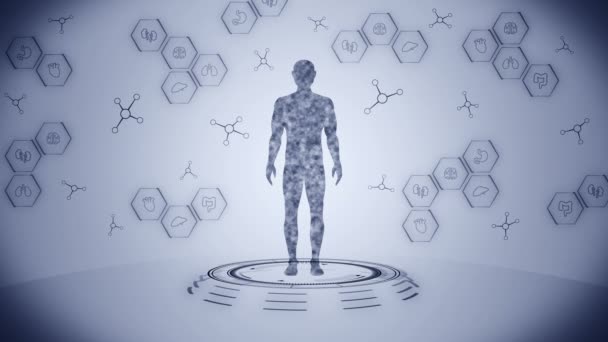 Férfi virtuális test. Emberi orvosi hologram animáció. Grafikon, diagram, infografika. Orvosi és egészségügyi koncepció. Felhasználói felület. High-tech jövő ciklus animáció. - Felvétel, videó