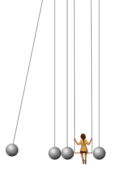 Девушки на качелях это часть Ньютонского маятника раскачивания металлических шаров. Проявляет юношеские заботы и проблемы. - Фото, изображение