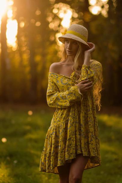 Full body blond female in floral dress looking looking away while standing on grass in evening in forest - Photo, Image
