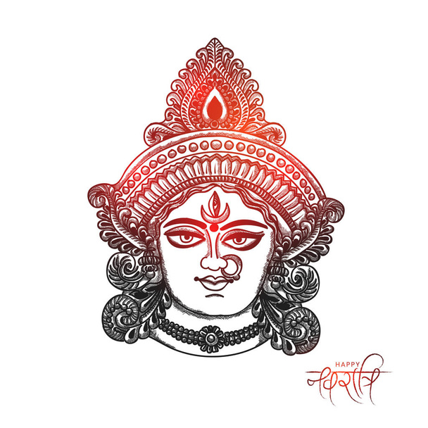 Εικονογράφηση σκίτσο του Happy Navratri Ευχετήρια κάρτα σχεδιασμού με όμορφο πρόσωπο Maa Durga. - Διάνυσμα, εικόνα
