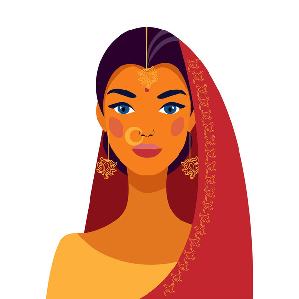 Indiai nő hagyományos ruhában. Egy gyönyörű lány portréja. Avatár. Arc. Vektor lapos illusztráció. vijayadashami dussehra dasara, Diwali állam. Indiai fesztivál Ikon. - Vektor, kép