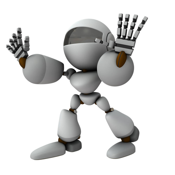 Ein Roboter mit künstlicher Intelligenz, der beide Hände ausstreckt und abstößt. 3D-Rendering. Weißer Hintergrund. - Foto, Bild