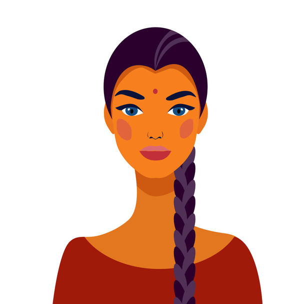 Indian girl student with braided braids. Portrait of a beautiful girl. Avatar. Face. Vector flat illustration. - Vector, Image