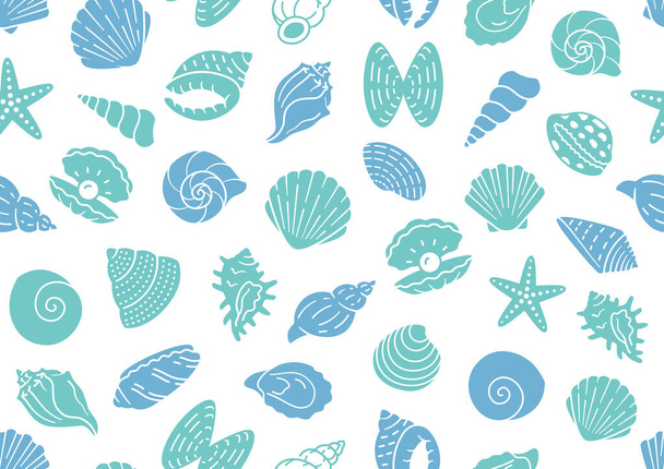 Seashell seamless pattern. Vector background included silhouette icons as ocean sea shells, scallop, starfish, clam, oyster, nautical texture for fabric. White, blue, turquoise color - Vector, Image