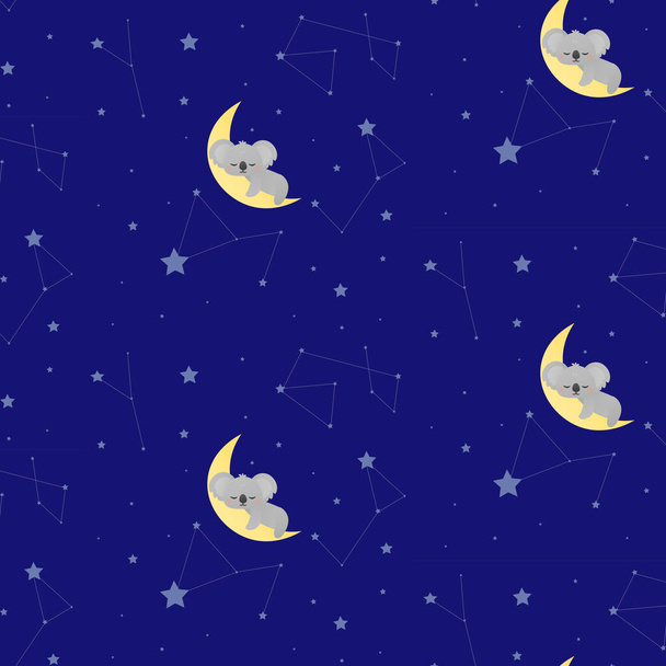 Little koala sleppinh on the moon around stars childish pattern for textile,print, wrapping paper, baby shower - Διάνυσμα, εικόνα