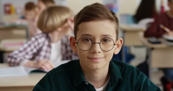 Portret van de blanke glimlachte goed uitziende jongen met bril recht naar de camera kijkend terwijl hij bij de les in de school zat. - Video