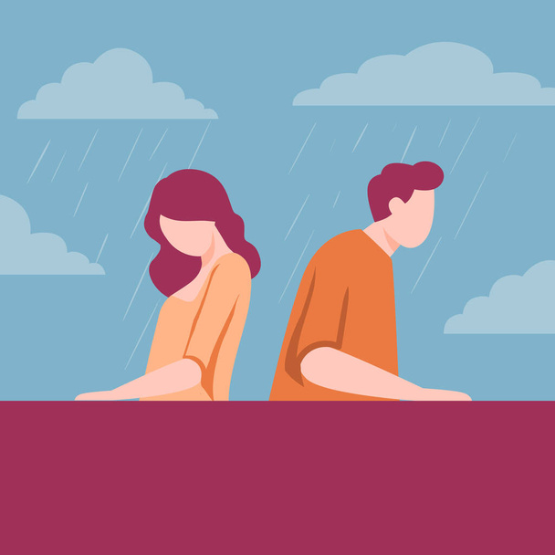 Break up between man and woman illustration. Girl guy characters sadly sit back to each other. - Vector, Image