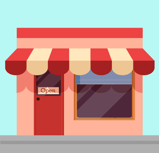 Open shop illustration. Cartoon shopping kiosk with white and red awning open to visitors. - Vector, Image