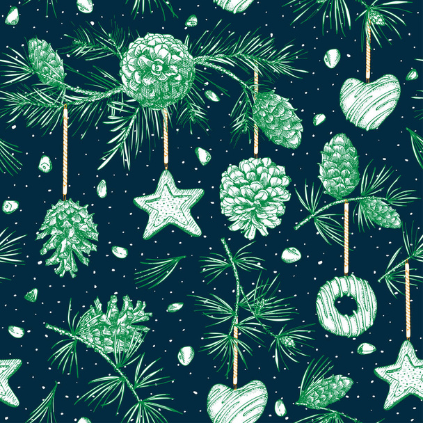Christmas seamless pattern Realistic Botanical ink sketch of colorful fir tree garland with pine cone and xmas gingerbread cookies For design flayer, menu, holiday web banner - Vektor, kép