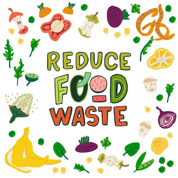Redukovat potravinový odpad ručně kreslené nápisy motto ilustrované s mnohobarevnými zbytky potravin. Zelená a červená písmena obklopená několika zeleninovými a ovocnými slupkami. Text s ikonami organického koše - Vektor, obrázek