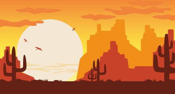 Selvaggio west al tramonto illustrazione. Silhouette arancioni delle montagne dell'Arizona cactus marroni. - Vettoriali, immagini