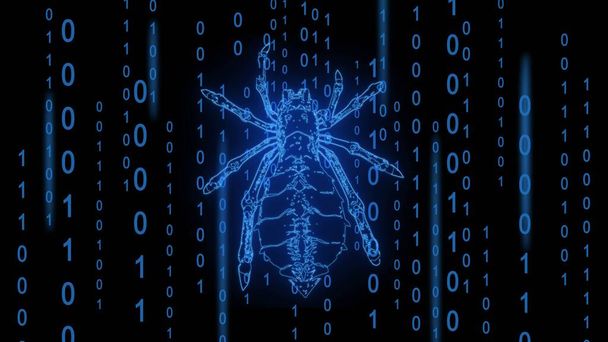 Araña polivinílica peligrosa sobre filas colgantes del código binario en estilo matricial como ataque de hacker estilizado - elementos gráficos en color azul sobre un fondo negro - Ilustración 3D - Foto, Imagen