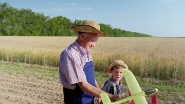 infância despreocupada, criança do sexo masculino com o avô em chapéus de palha brincar com aviões de brinquedo andando perto do campo - Filmagem, Vídeo